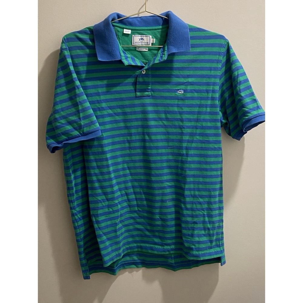 Southern Tide Polo Shirt Mens Green Blue Stripe Skipjack Short Sleeve Large
